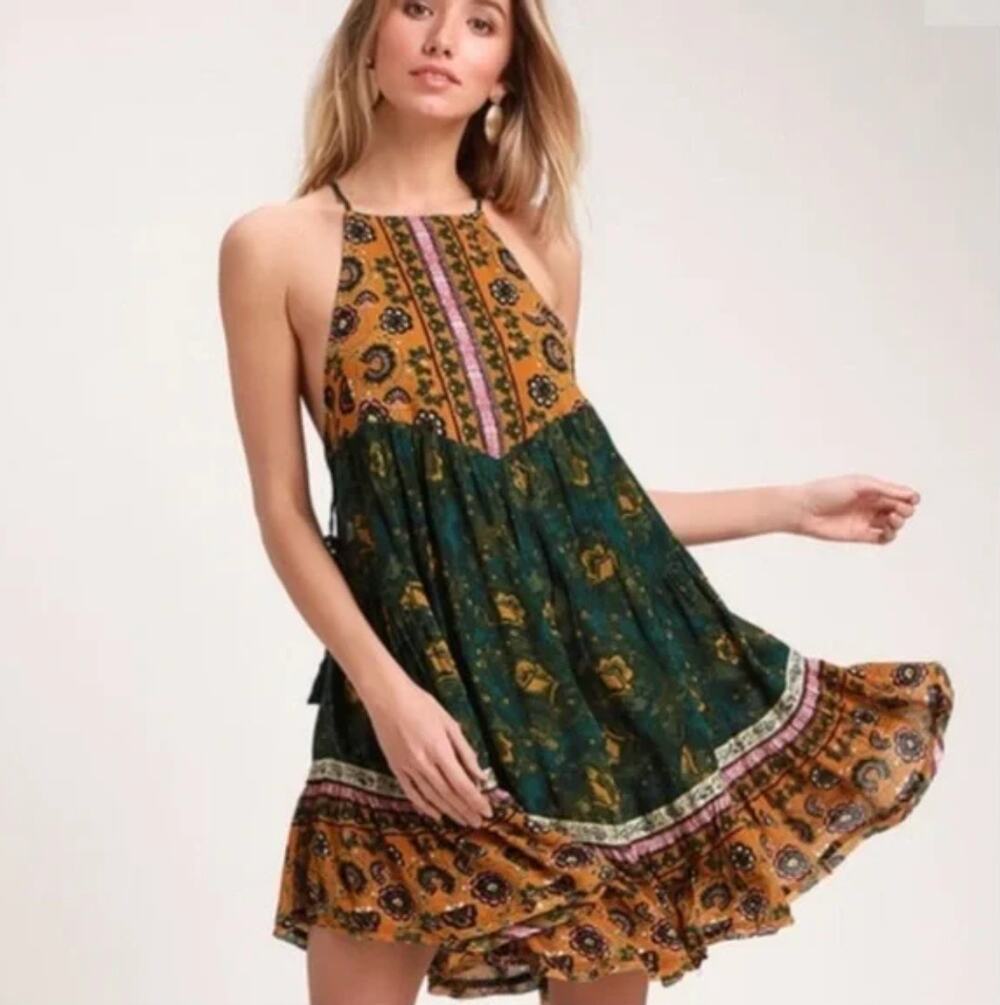 Free People Casablanca Green Multi Print Slip Dress Sz M